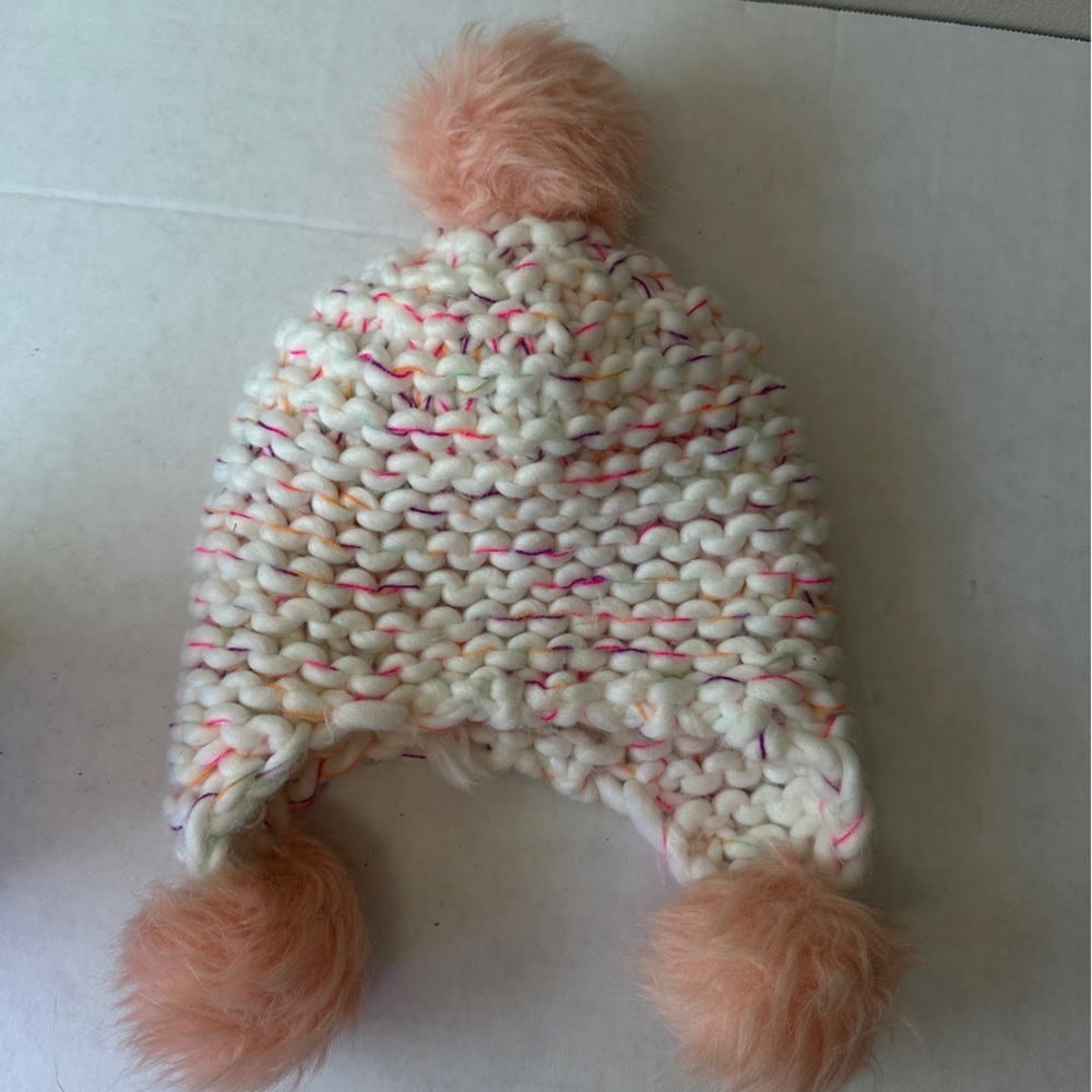 Target Confetti Knit Trapper Beanie Hat Peach Faux Fur Pom Poms Cream OSFM